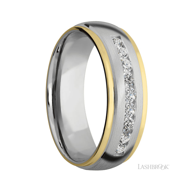 Lashbrook Domed Stepped Down Edges/Cobalt Chrome Band with Lab Grown Diamond and two inlays of 14K Yellow Gold