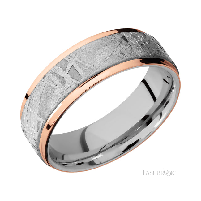 Lashbrook Flat Grooved Edges/Cobalt Chrome Band featuring inlays of Meteorite and 14K Rose Gold