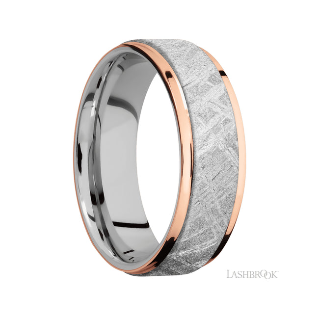 Lashbrook Flat Grooved Edges/Cobalt Chrome Band featuring inlays of Meteorite and 14K Rose Gold