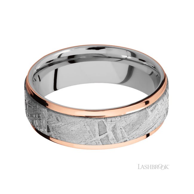 Lashbrook Flat Grooved Edges/Cobalt Chrome Band featuring inlays of Meteorite and 14K Rose Gold
