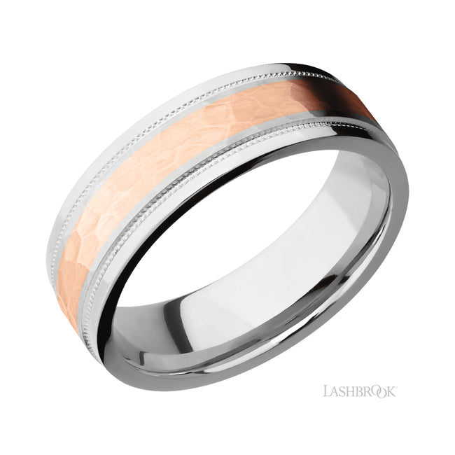 Lashbrook Flat Stepped Edges Milgrain/Cobalt Chrome Band with one inlay of 14K Rose Gold
