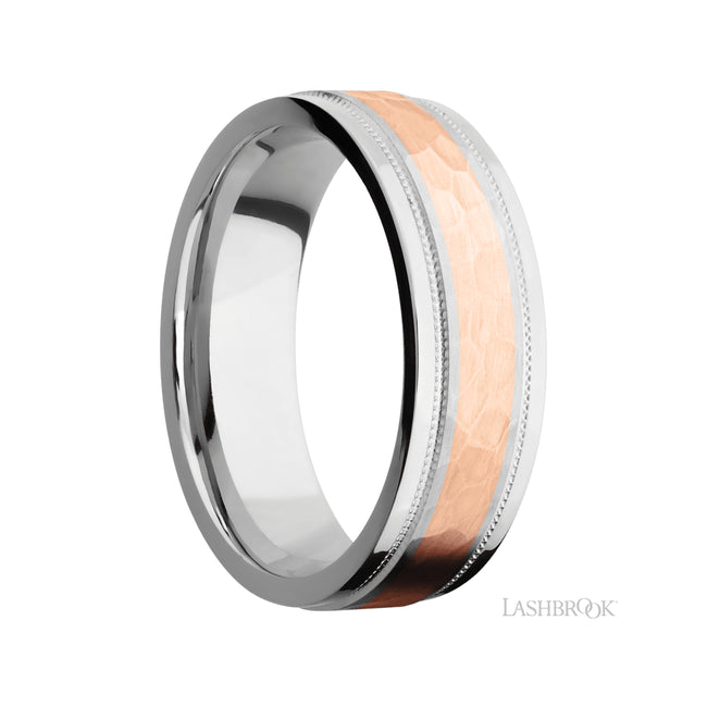 Lashbrook Flat Stepped Edges Milgrain/Cobalt Chrome Band with one inlay of 14K Rose Gold