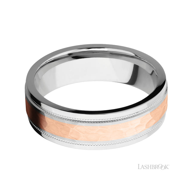 Lashbrook Flat Stepped Edges Milgrain/Cobalt Chrome Band with one inlay of 14K Rose Gold