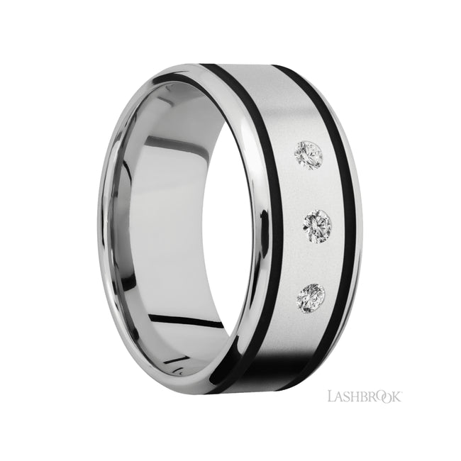 Lashbrook Beveled/Cobalt Chrome Band with two inlays of Black and Diamond