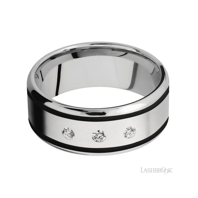 Lashbrook Beveled/Cobalt Chrome Band with two inlays of Black and Diamond