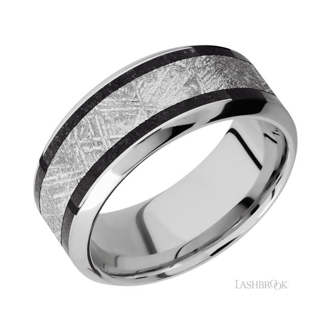 Lashbrook High Bevel/Cobalt Chrome Band featuring inlays of Dinosaur Bone Black and Meteorite