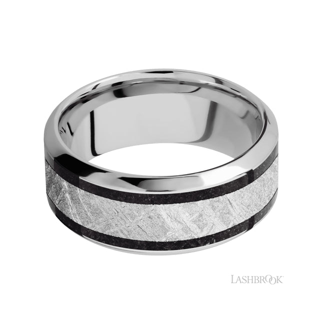 Lashbrook High Bevel/Cobalt Chrome Band featuring inlays of Dinosaur Bone Black and Meteorite