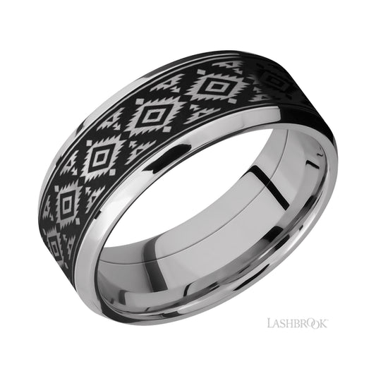 Lashbrook Beveled/Cobalt Chrome Band with one inlay of Tantalum with a laser carved Aztec pattern