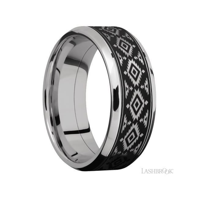 Lashbrook Beveled/Cobalt Chrome Band with one inlay of Tantalum with a laser carved Aztec pattern