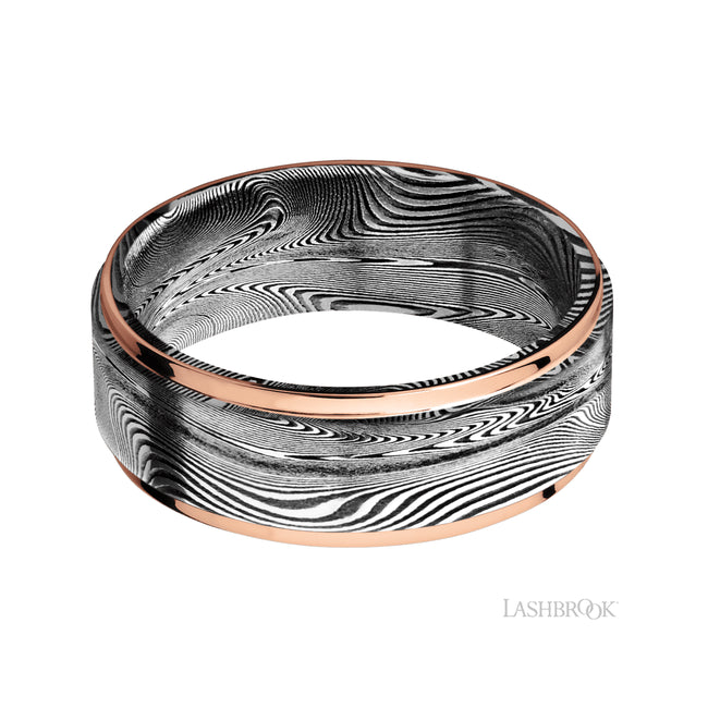 Lashbrook Flat Grooved Edges/Tightweave Band with two 1 mm Edge inlays of 14K Rose Gold