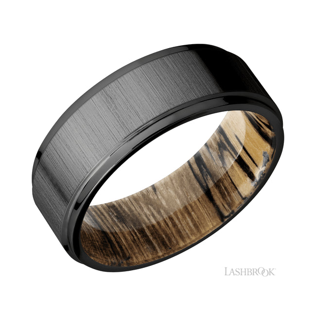 Lashbrook Flat Grooved Edges Zirconium Band featuring a Spalted Tamarind sleeve