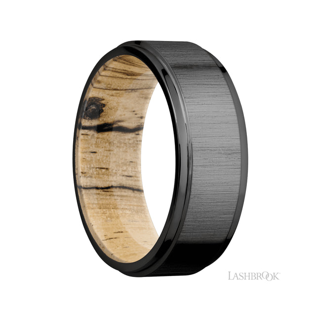 Lashbrook Flat Grooved Edges Zirconium Band featuring a Spalted Tamarind sleeve