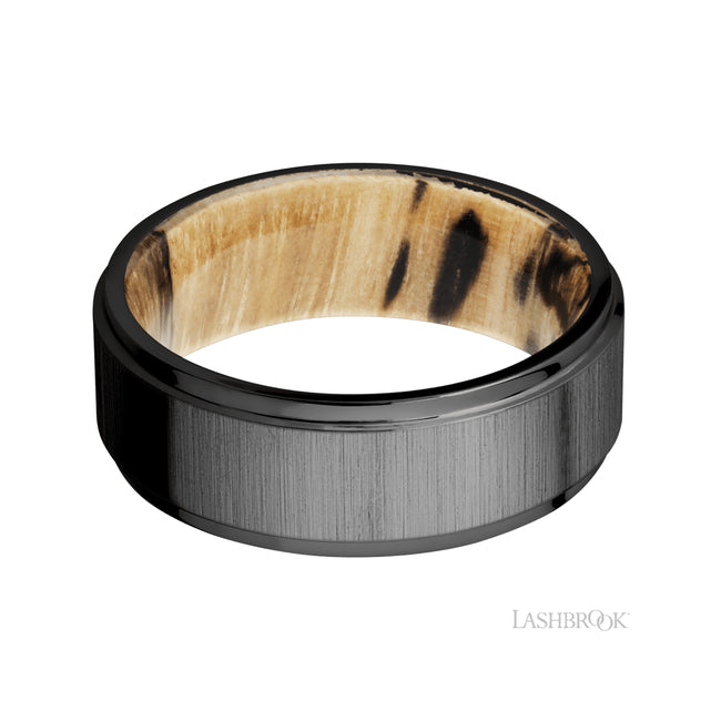 Lashbrook Flat Grooved Edges Zirconium Band featuring a Spalted Tamarind sleeve