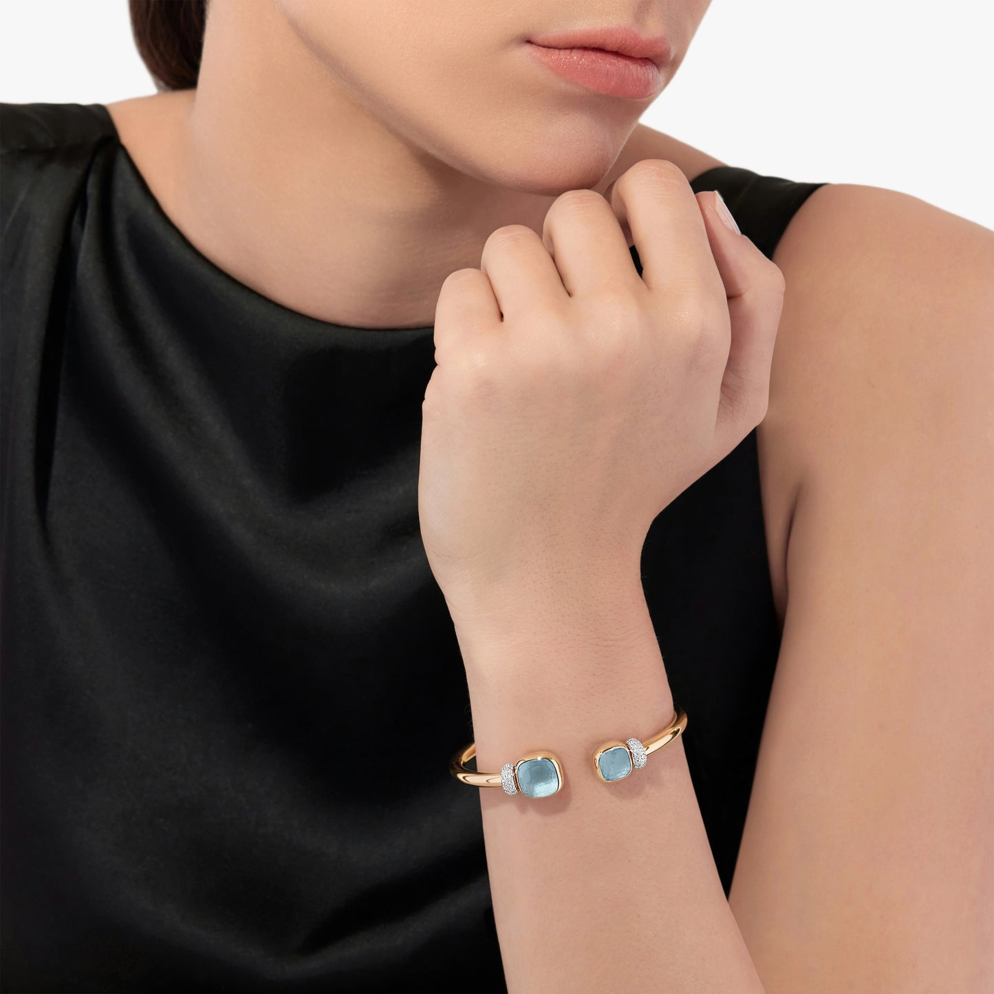 Pomellato Sky Blue Topaz With Diamond Stations Classic And Petite Nudo Bangle Bracelet