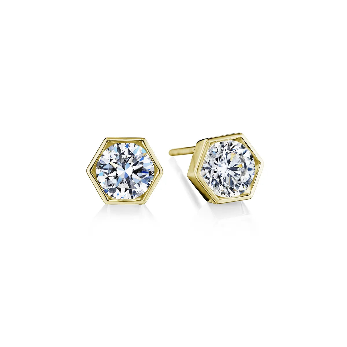 18k gold diamond earrings with hexagonal design and round brilliant diamonds.
