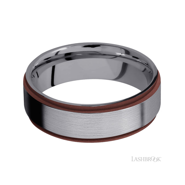 Lashbrook Flat Grooved Edges/Tantalum Band with two inlays of Crimson