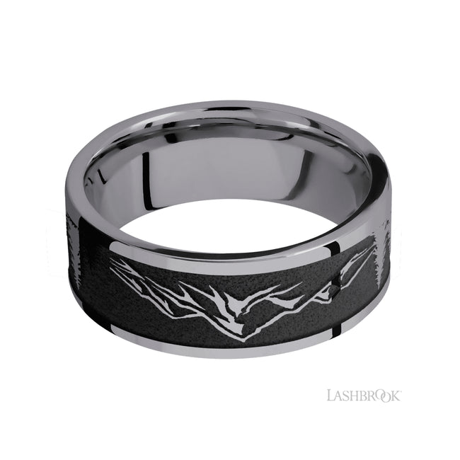 Lashbrook Flat/Tantalum Band with a laser carved Mountain pattern