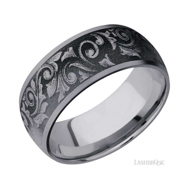 Lashbrook Domed/Tantalum Band with a laser carved Western Scroll pattern