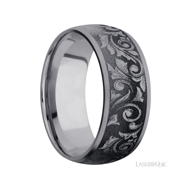 Lashbrook Domed/Tantalum Band with a laser carved Western Scroll pattern