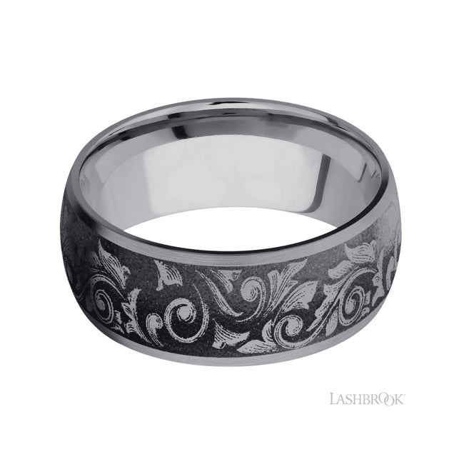 Lashbrook Domed/Tantalum Band with a laser carved Western Scroll pattern