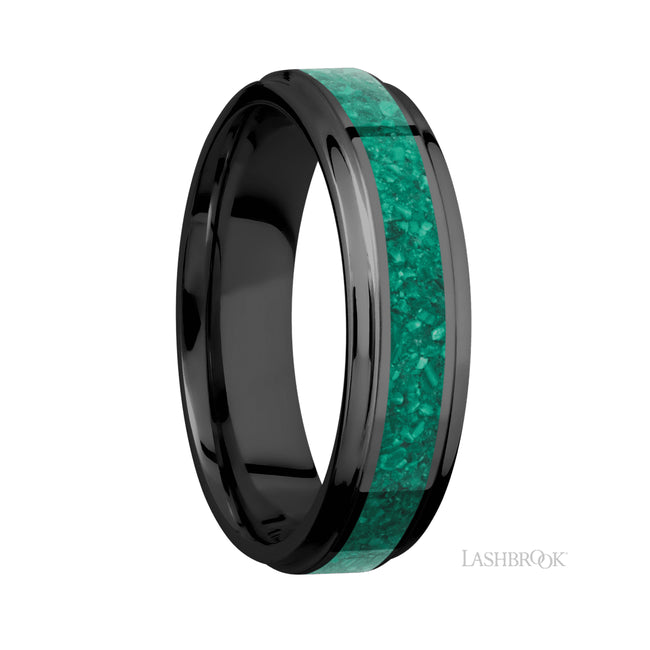 Lashbrook Flat Grooved Edges/Zirconium Band with Centered inlay of Malachite