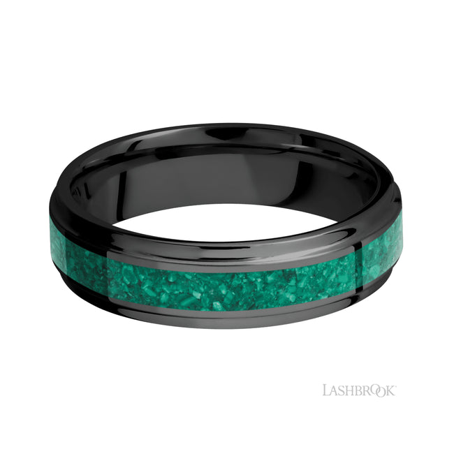 Lashbrook Flat Grooved Edges/Zirconium Band with Centered inlay of Malachite