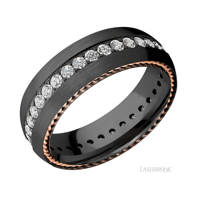 Lashbrook Domed/Zirconium Band with two inlays of 14K Rose Gold and Round Lab Grown Diamond