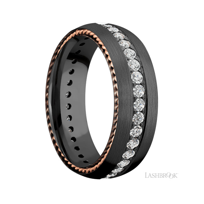 Lashbrook Domed/Zirconium Band with two inlays of 14K Rose Gold and Round Lab Grown Diamond