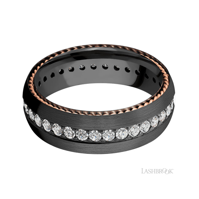 Lashbrook Domed/Zirconium Band with two inlays of 14K Rose Gold and Round Lab Grown Diamond