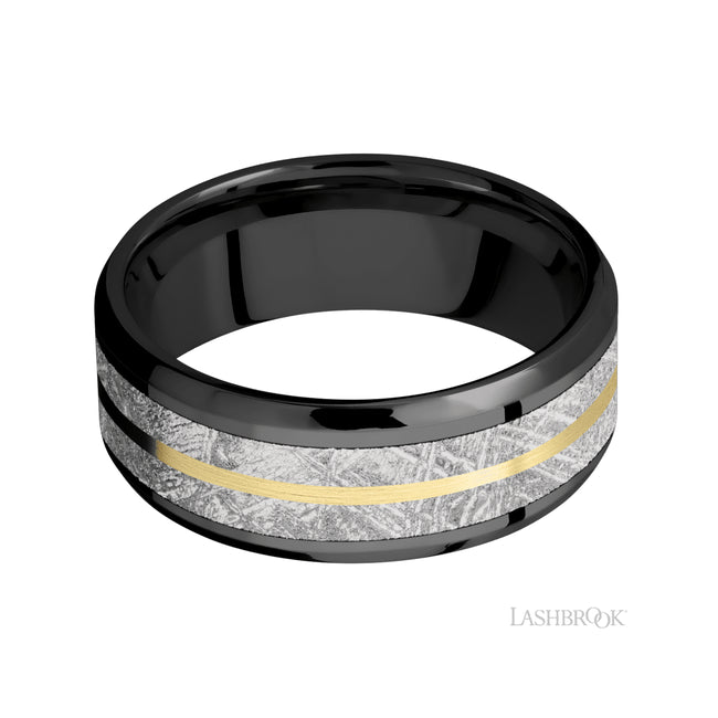 Lashbrook Beveled/Zirconium Band featuring inlays of Meteorite and 14K Yellow Gold