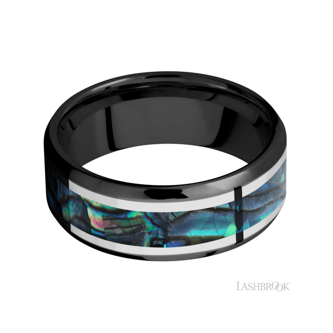 Lashbrook Beveled/Zirconium Band featuring inlays of Palladium Silver and Abalone