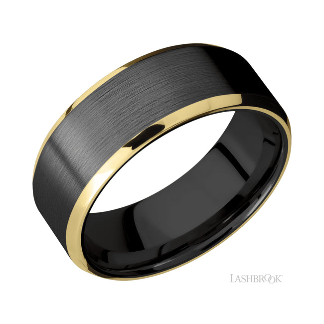 Lashbrook Beveled/Zirconium Band with two inlays of 14K Yellow Gold