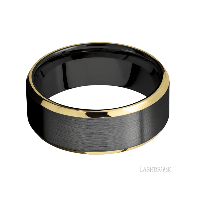 Lashbrook Beveled/Zirconium Band with two inlays of 14K Yellow Gold