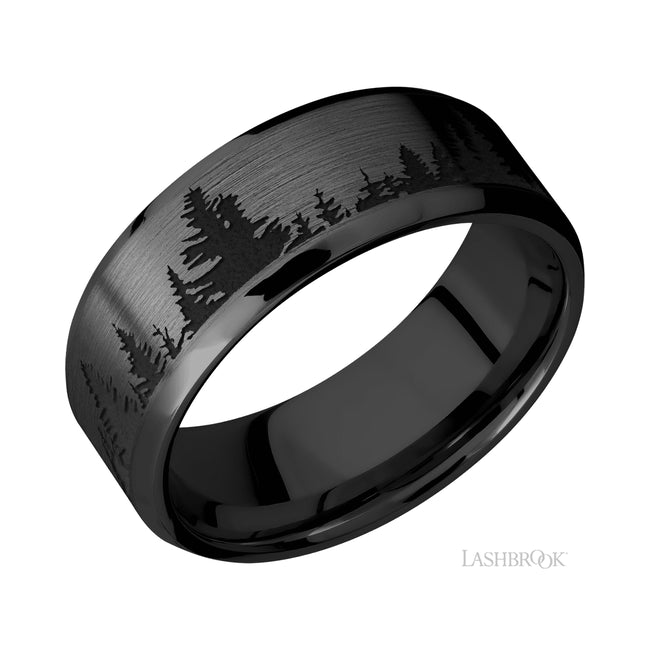 Lashbrook Beveled/Zirconium Band with a laser carved Trees pattern