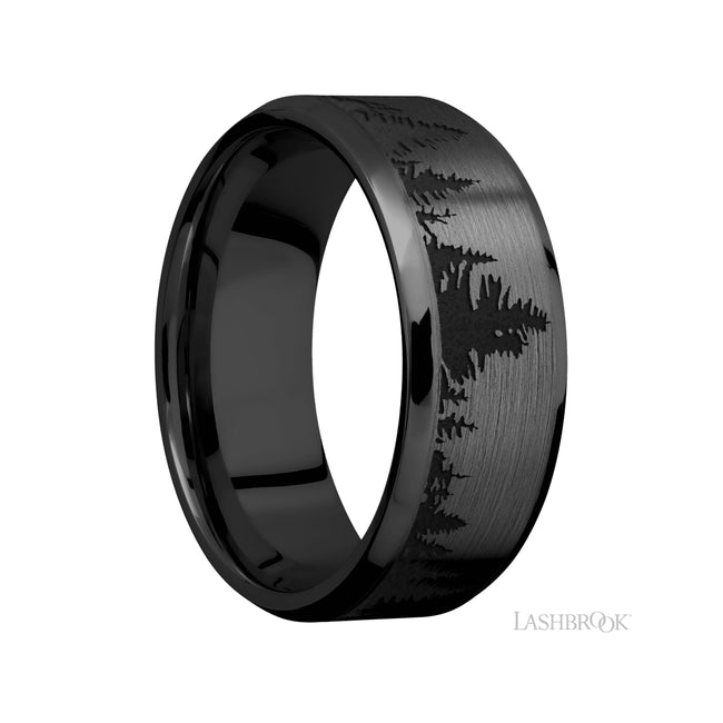 Lashbrook Beveled/Zirconium Band with a laser carved Trees pattern