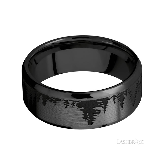 Lashbrook Beveled/Zirconium Band with a laser carved Trees pattern