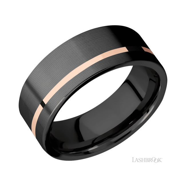 Lashbrook Flat/Zirconium Band with inlay of 14K Rose Gold