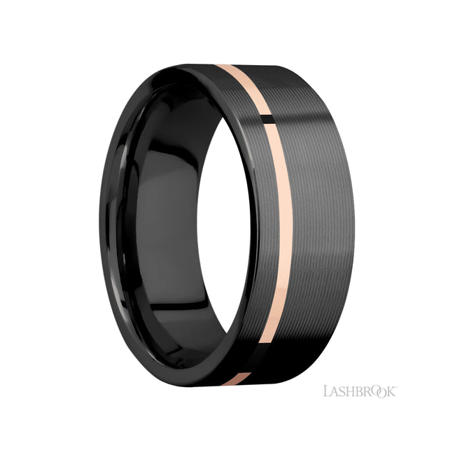 Lashbrook Flat/Zirconium Band with inlay of 14K Rose Gold