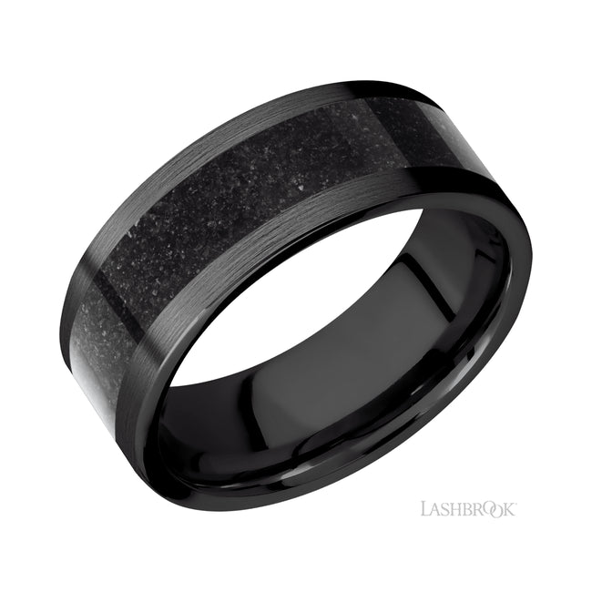 Lashbrook Flat/Zirconium Band with Centered inlay of Dinosaur Bone Black