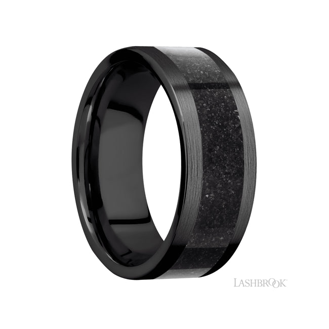 Lashbrook Flat/Zirconium Band with Centered inlay of Dinosaur Bone Black