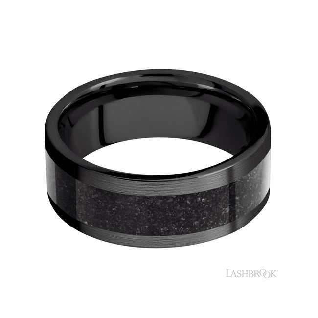 Lashbrook Flat/Zirconium Band with Centered inlay of Dinosaur Bone Black