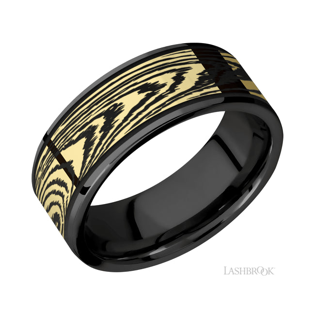 Lashbrook Flat/Zirconium Band with one inlay of 14K Yellow Gold with a laser carved Woodgrain pattern