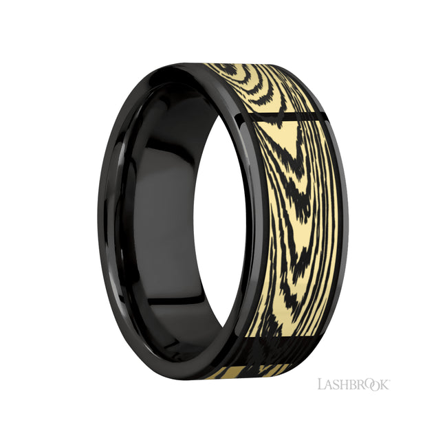 Lashbrook Flat/Zirconium Band with one inlay of 14K Yellow Gold with a laser carved Woodgrain pattern