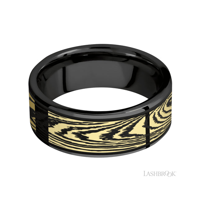 Lashbrook Flat/Zirconium Band with one inlay of 14K Yellow Gold with a laser carved Woodgrain pattern