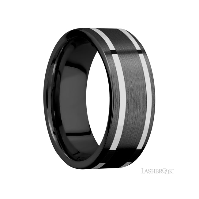 Lashbrook Flat/Zirconium Band with two inlays of 14K White Gold