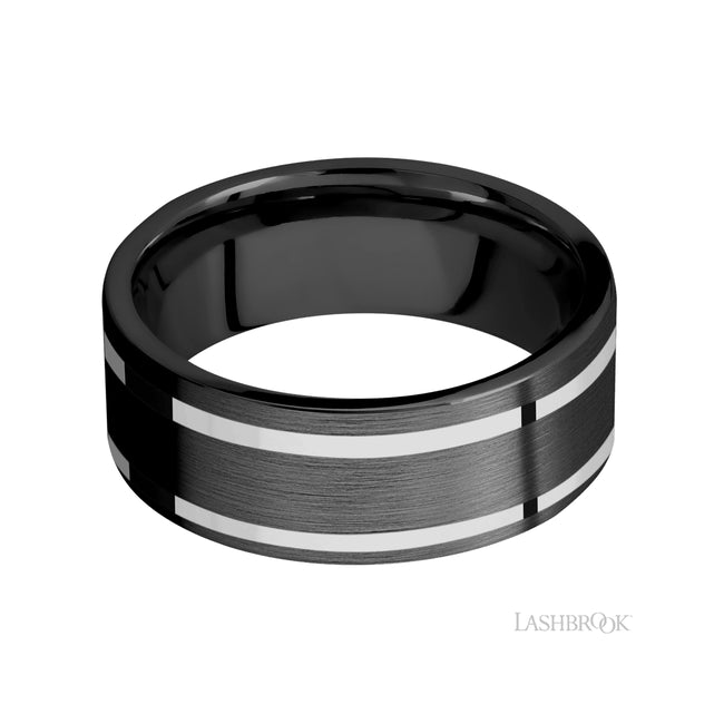 Lashbrook Flat/Zirconium Band with two inlays of 14K White Gold