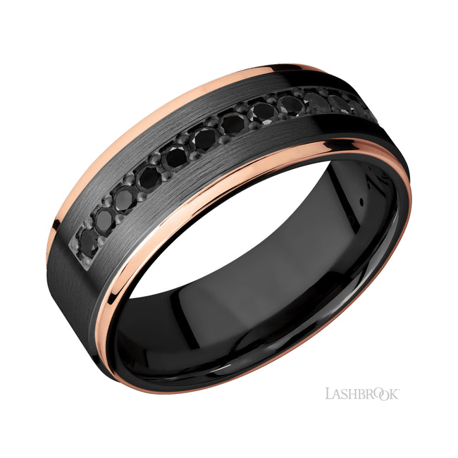 Lashbrook Flat Grooved Edges/Zirconium Band with Diamond and two inlays of 14K Rose Gold