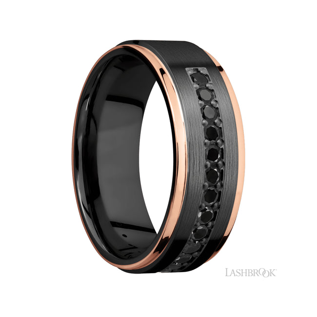 Lashbrook Flat Grooved Edges/Zirconium Band with Diamond and two inlays of 14K Rose Gold