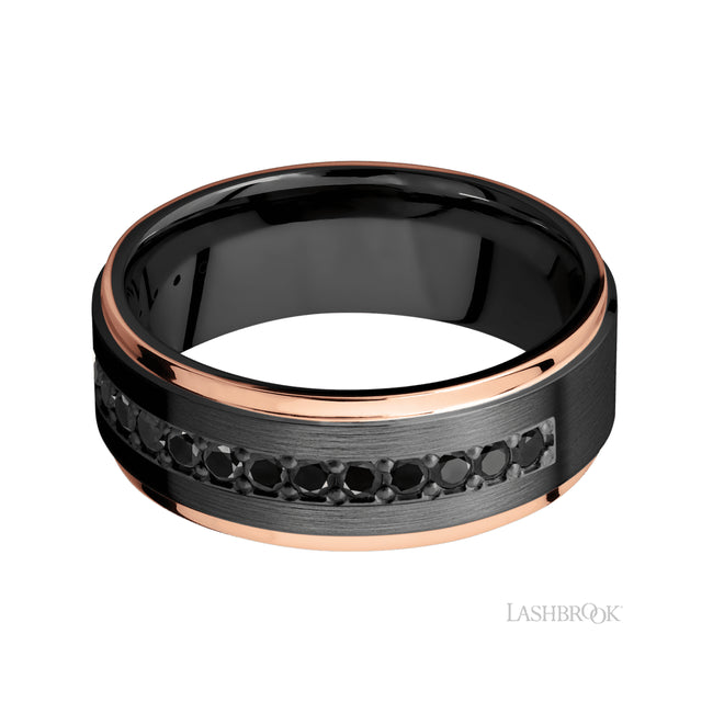 Lashbrook Flat Grooved Edges/Zirconium Band with Diamond and two inlays of 14K Rose Gold