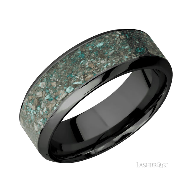 Lashbrook High Bevel/Zirconium Band with inlay of Ocean Jasper